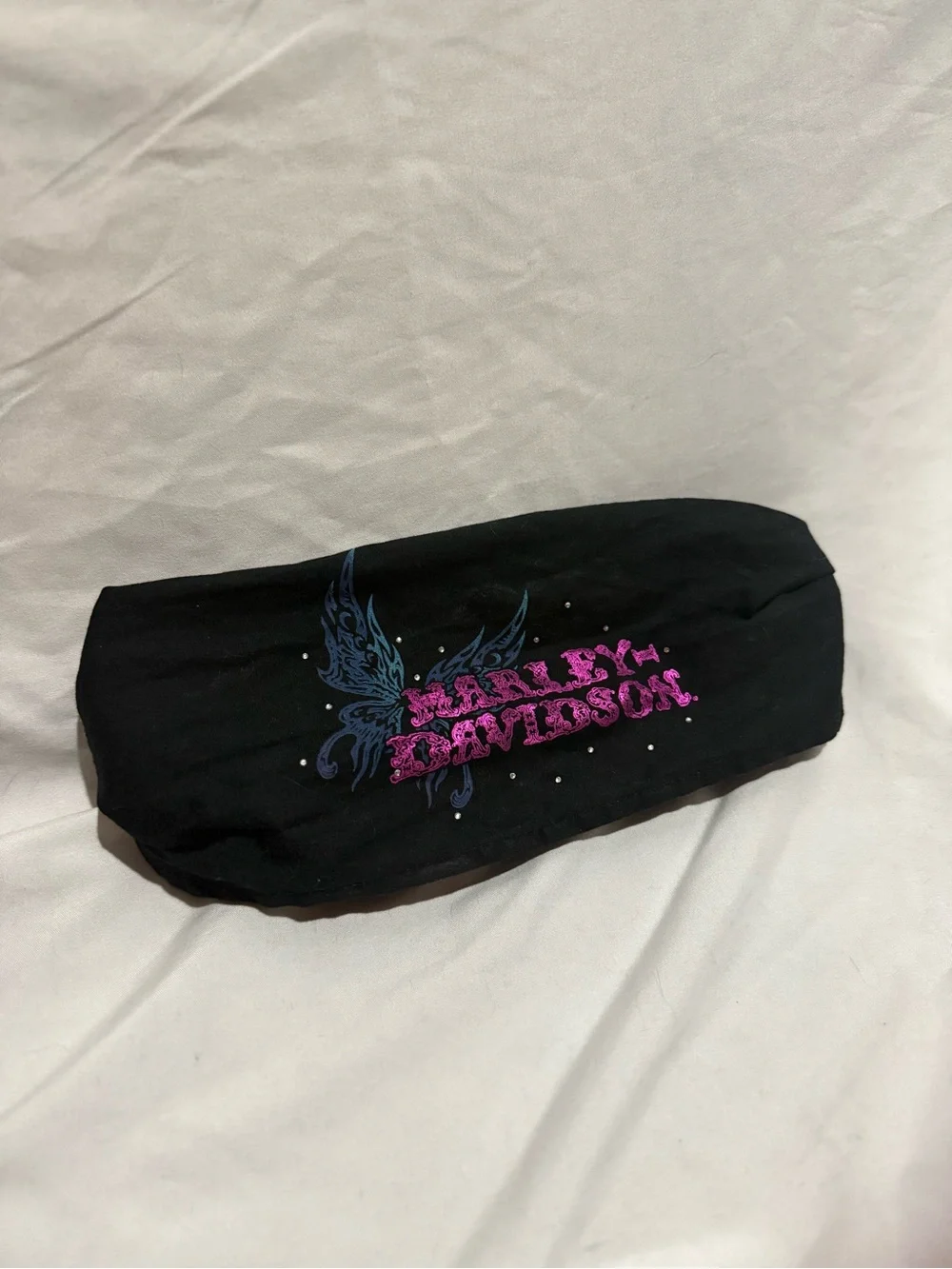 Harley-Davidson Black Headband with Purple Logo and Blue Wings and rinstones